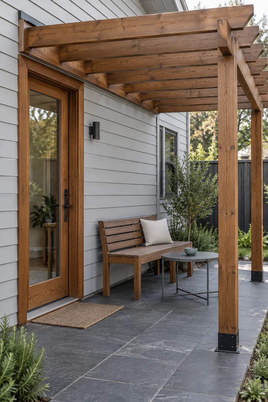 Timber that echoes the house trim under a pergola beside the house