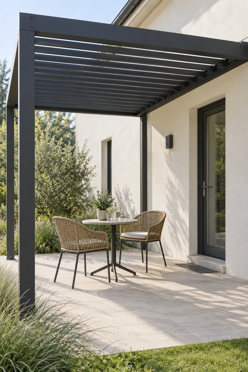 A charcoal frame beside a pale house under a pergola beside the house