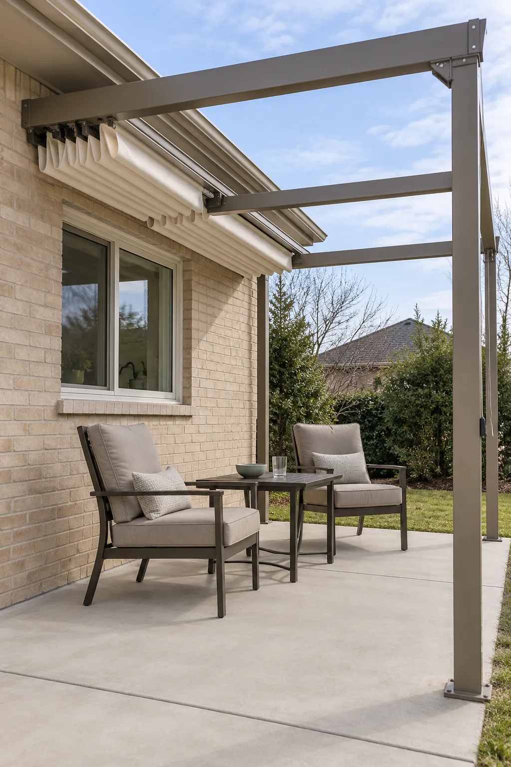 A canopy that retracts toward the wall under a pergola beside the house