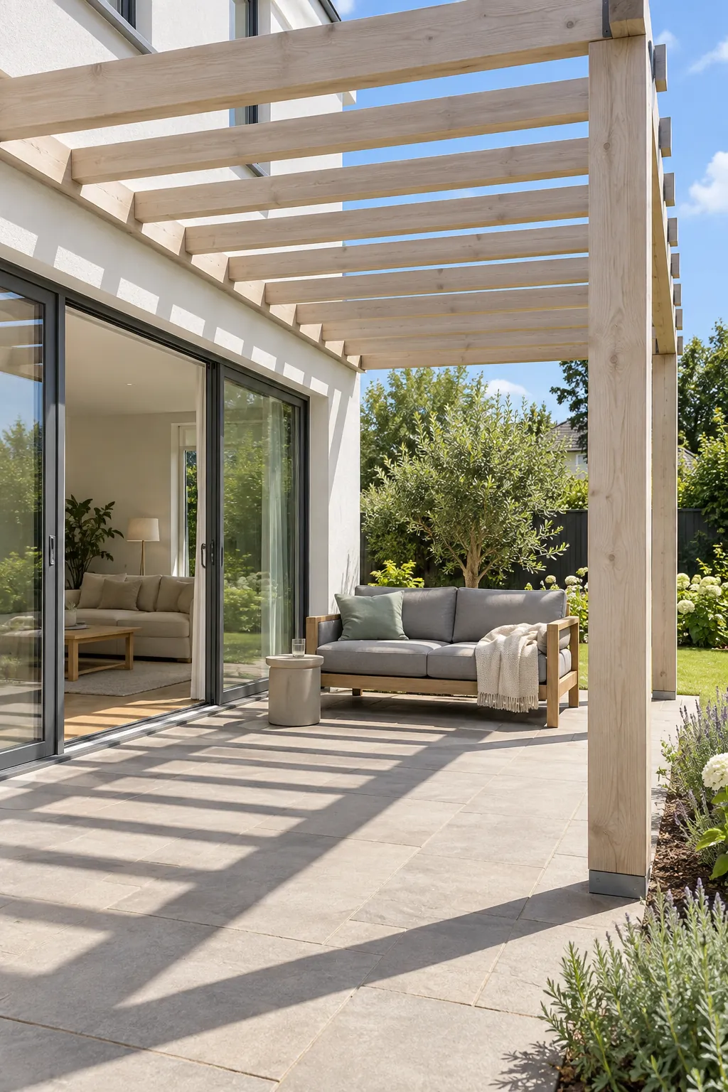 Open slats above a bright living room under a pergola beside the house