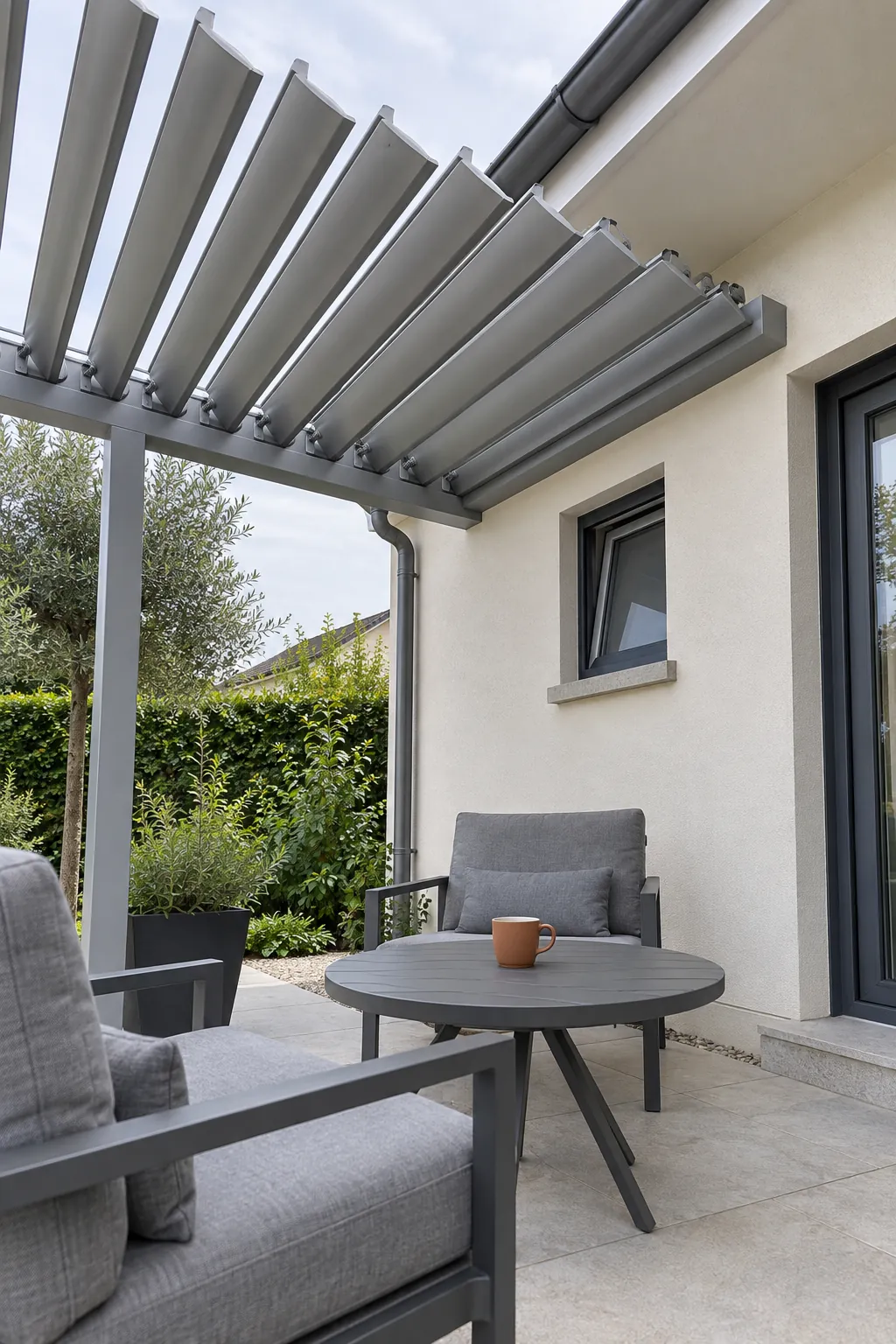 A louvered roof with room to operate under a pergola beside the house