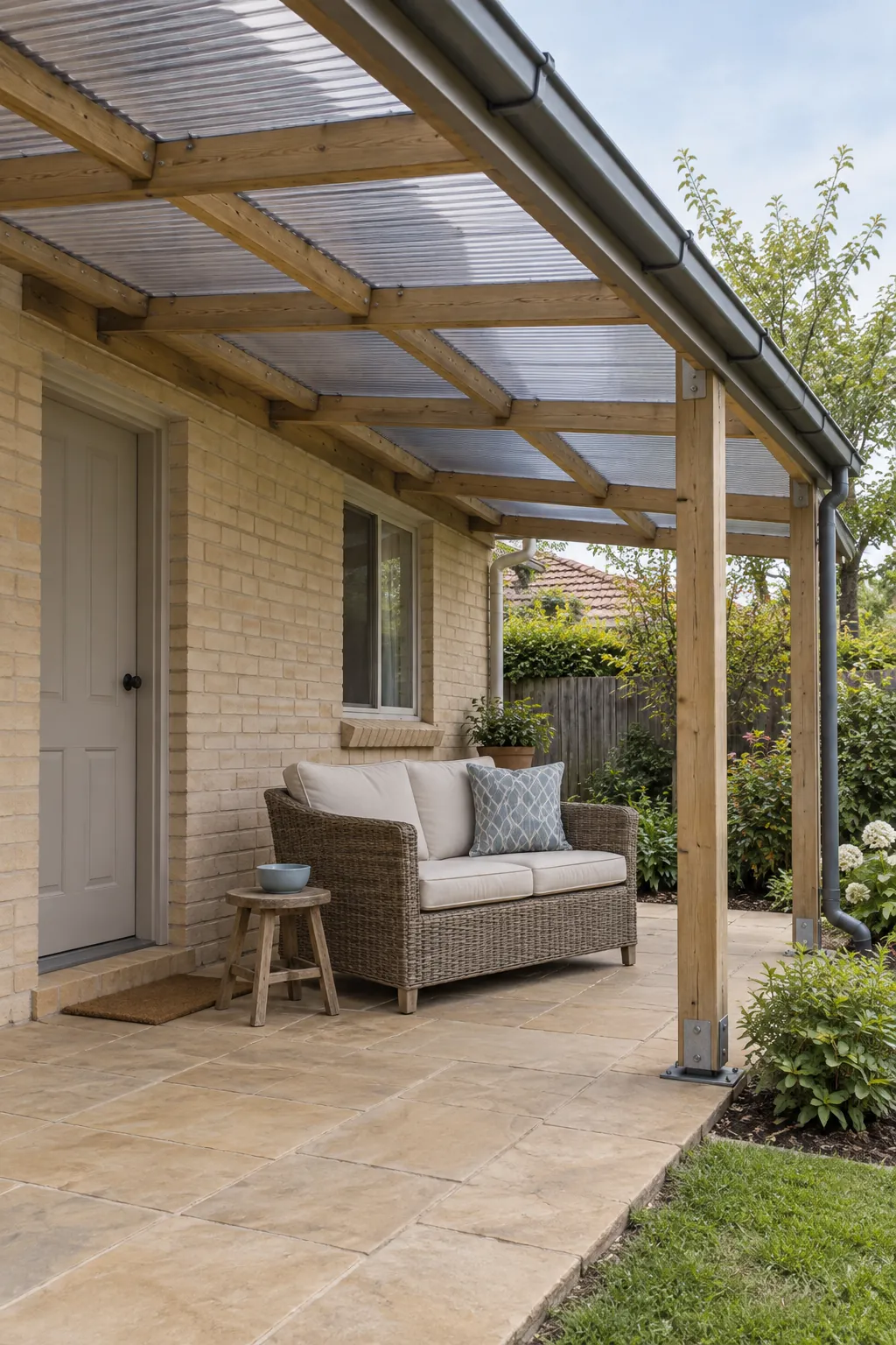 Translucent panels with a visible drainage plan under a pergola beside the house
