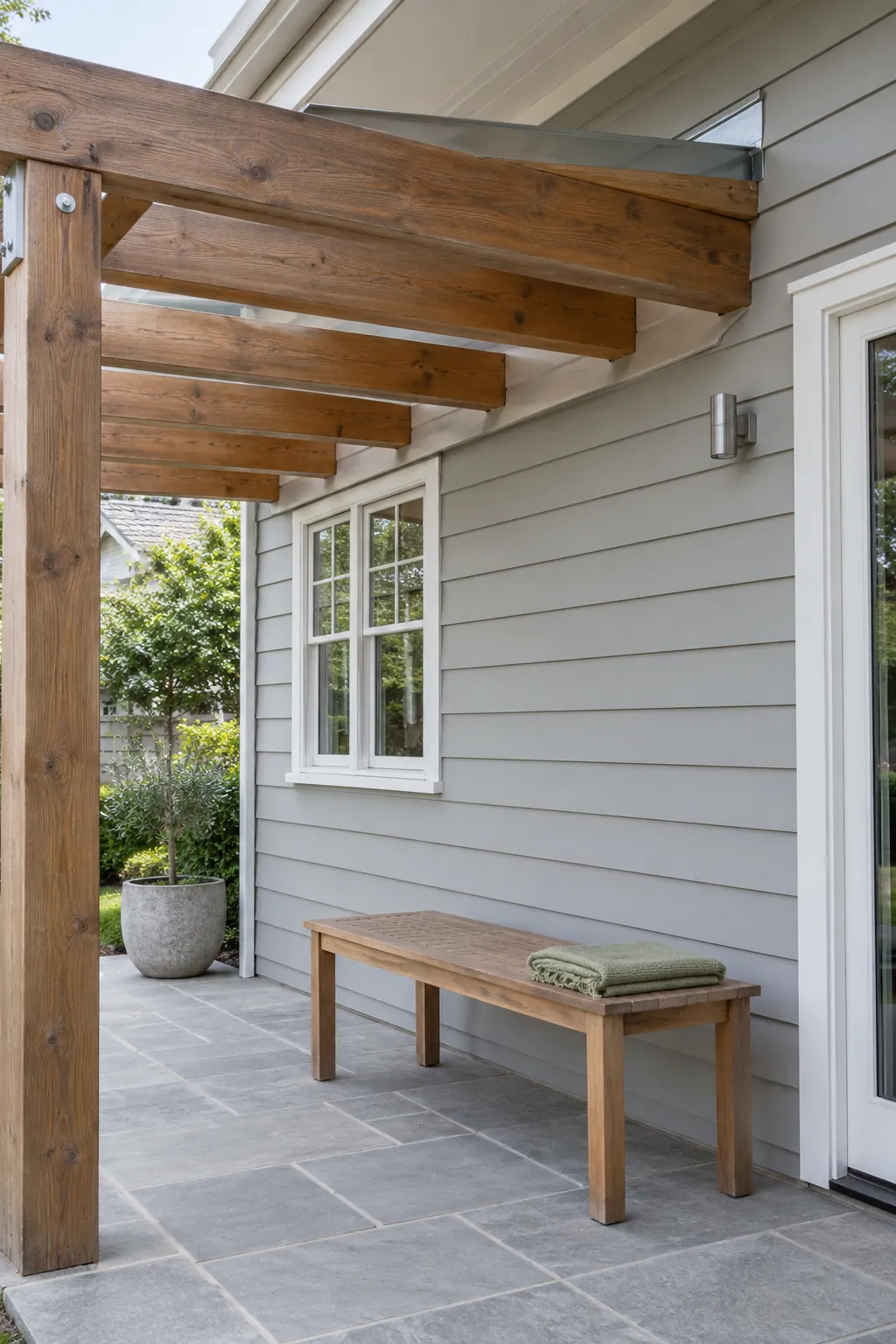A wall junction kept accessible under a pergola beside the house