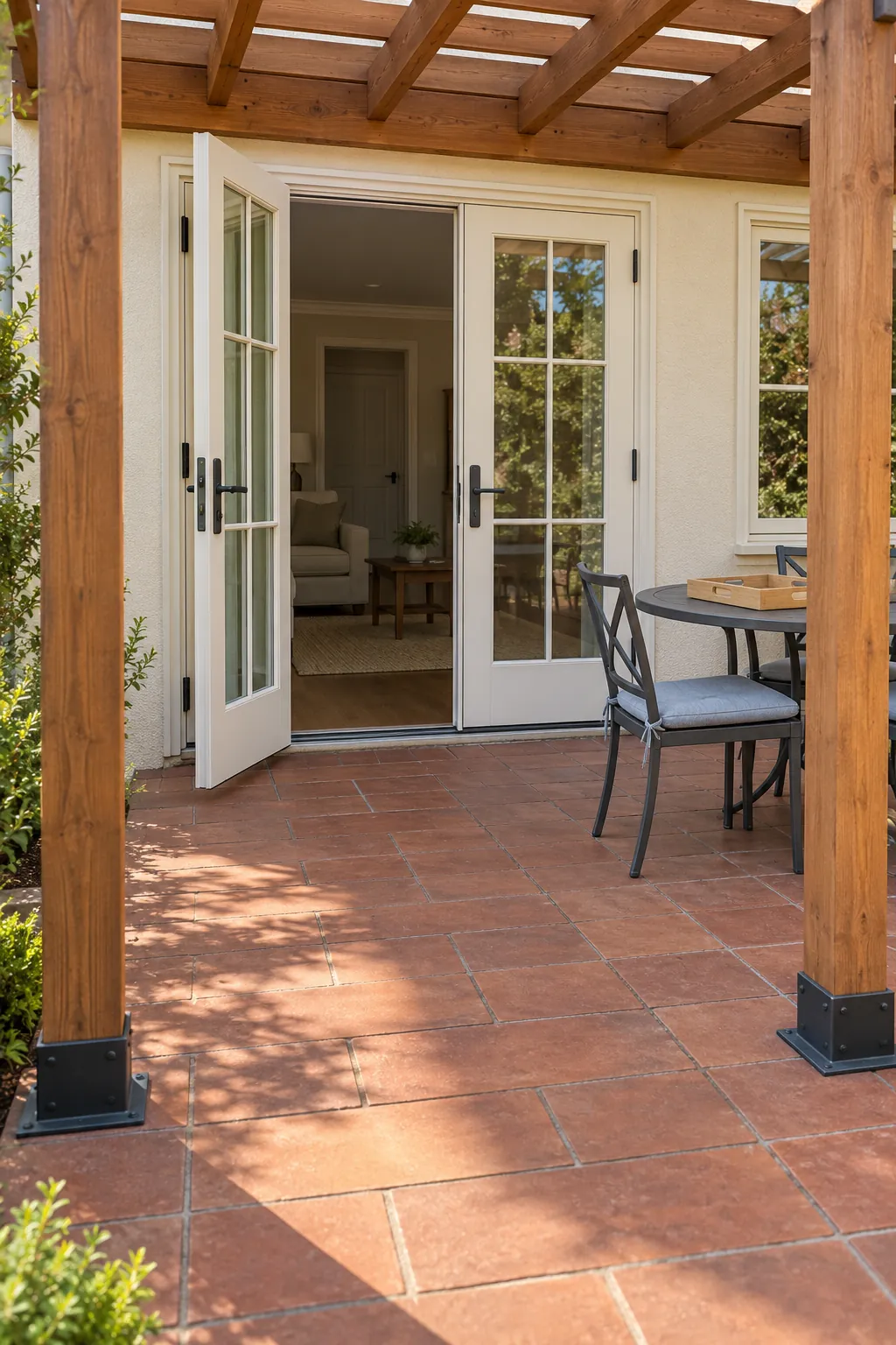 Posts set beyond the door opening under a pergola beside the house