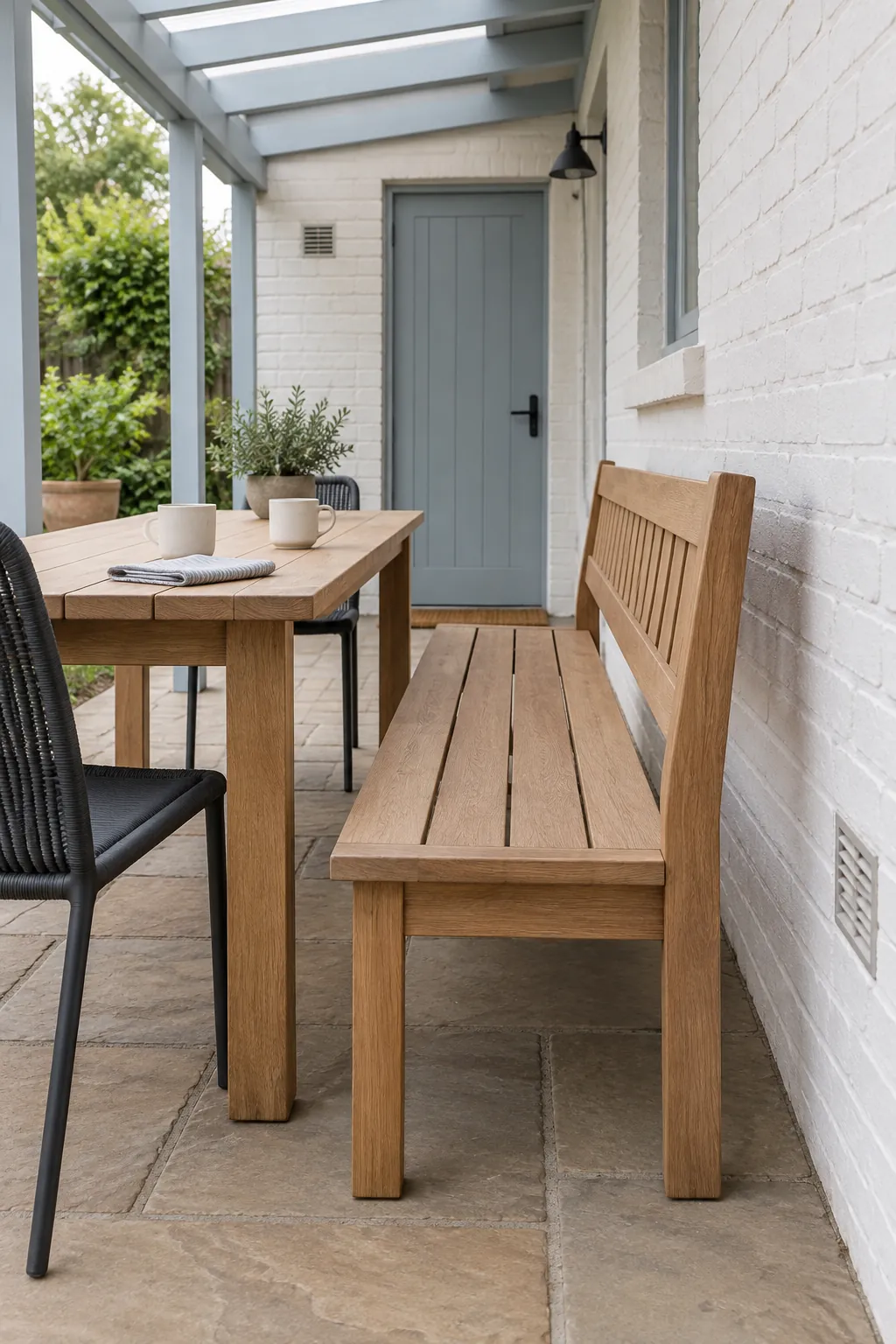 A dining bench on the house side under a pergola beside the house