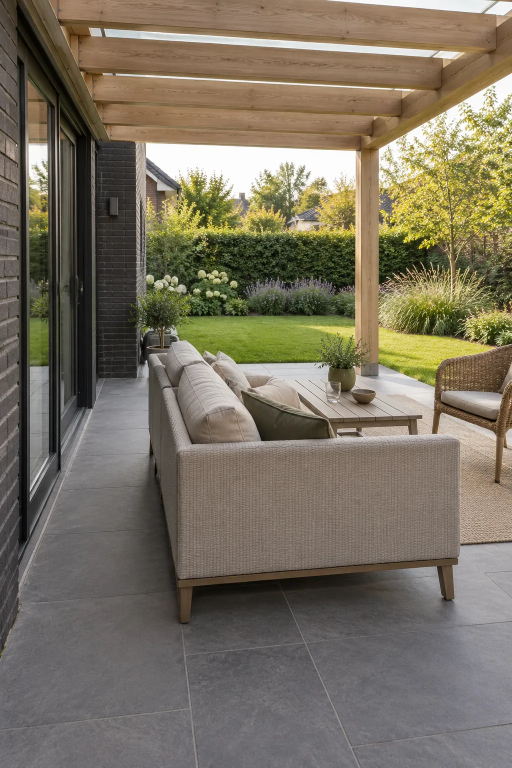 A sofa facing away from the wall under a pergola beside the house