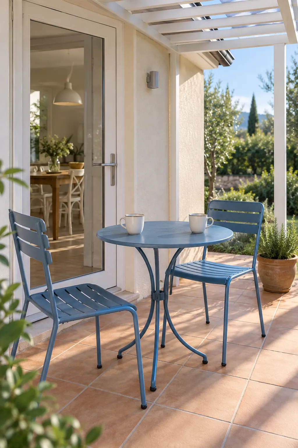 A small morning coffee bay under a pergola beside the house