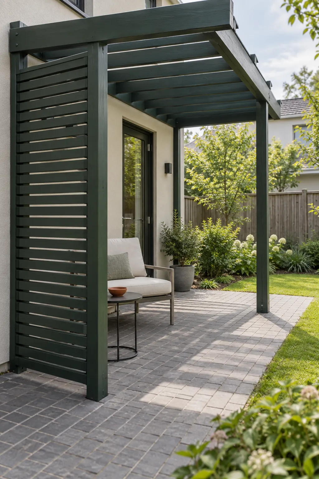 A privacy return on the neighbor side under a pergola beside the house