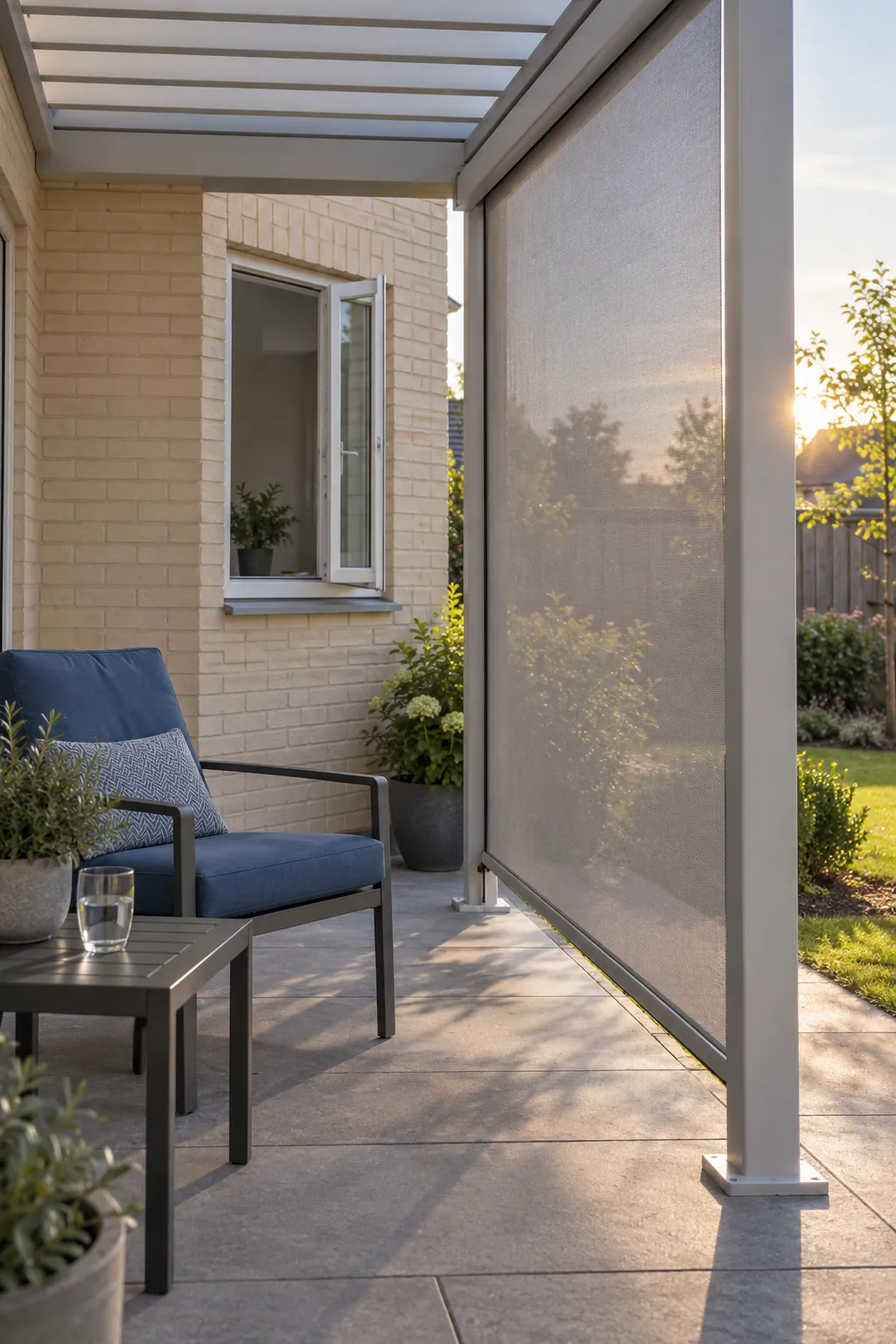 A removable screen outside the sunniest window under a pergola beside the house