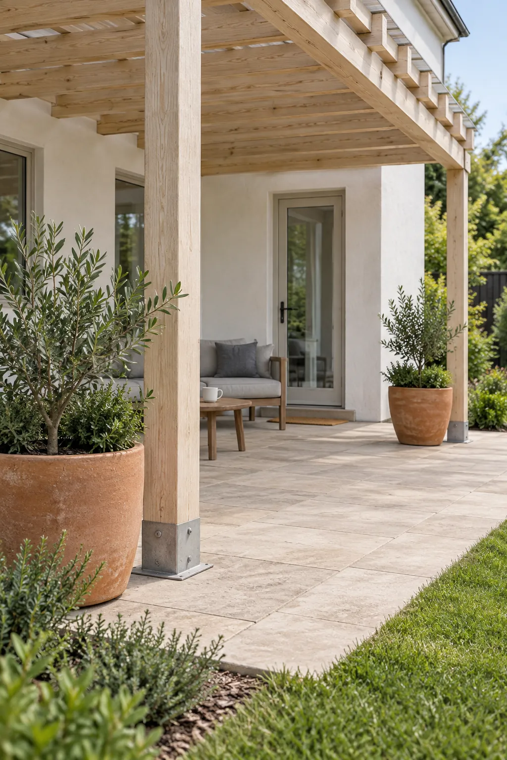 Planters at the outer corners under a pergola beside the house