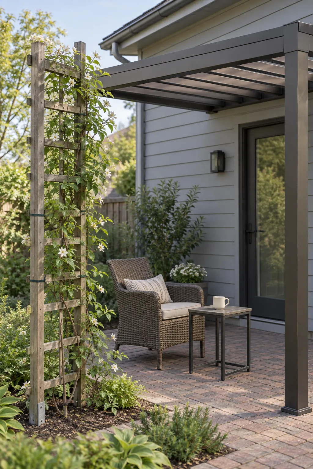 A separate trellis for a restrained climber under a pergola beside the house