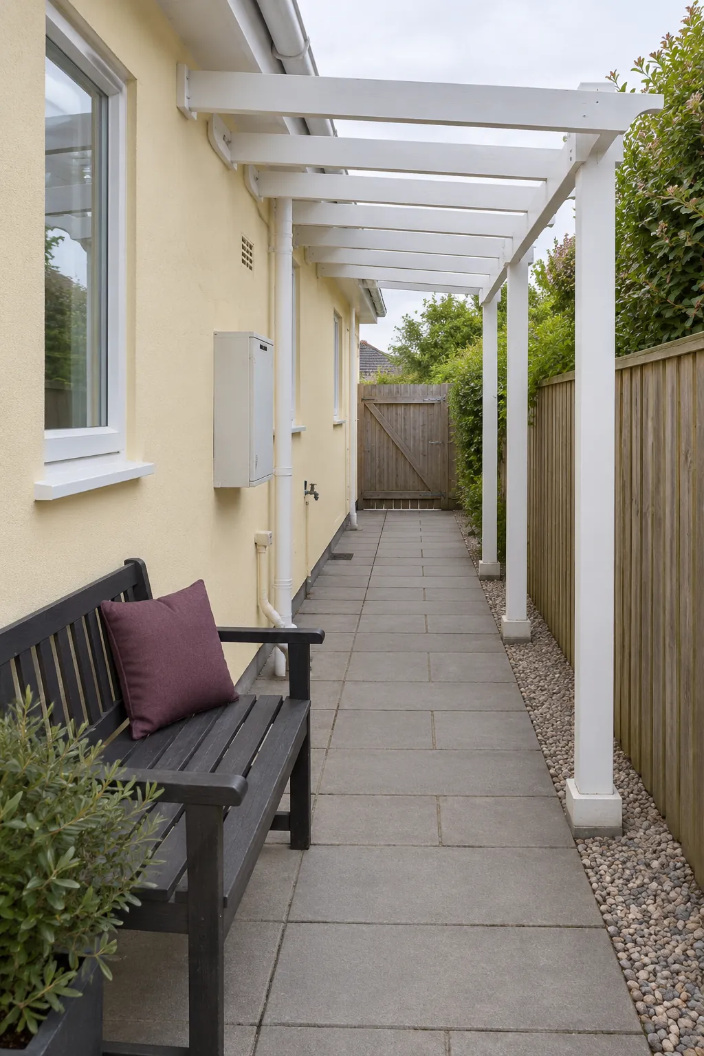 A narrow covered passage beside the house under a pergola beside the house