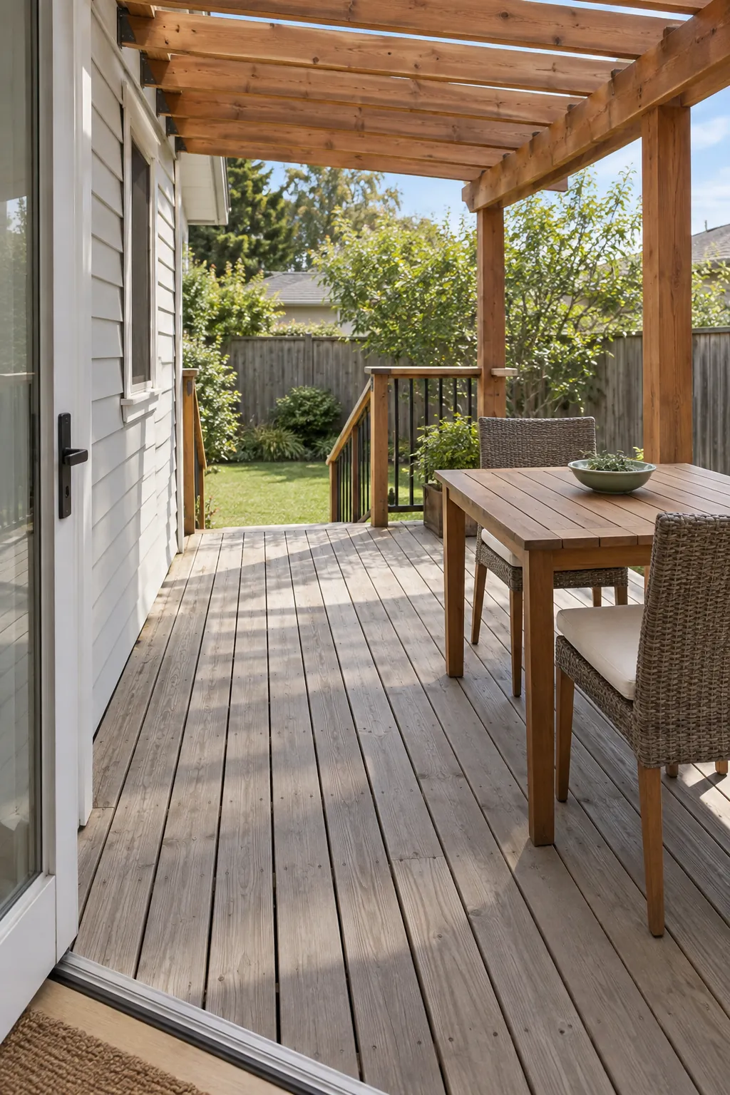 A deck layout with clear threshold access under a pergola beside the house