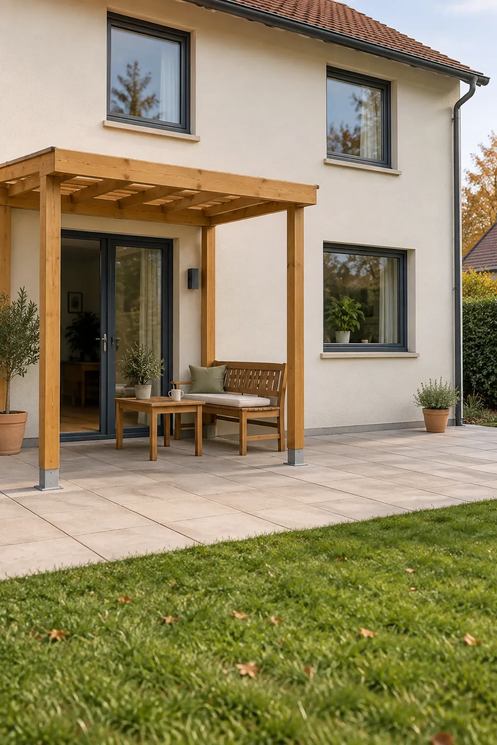 A short projection over the busiest patio bay under a pergola beside the house