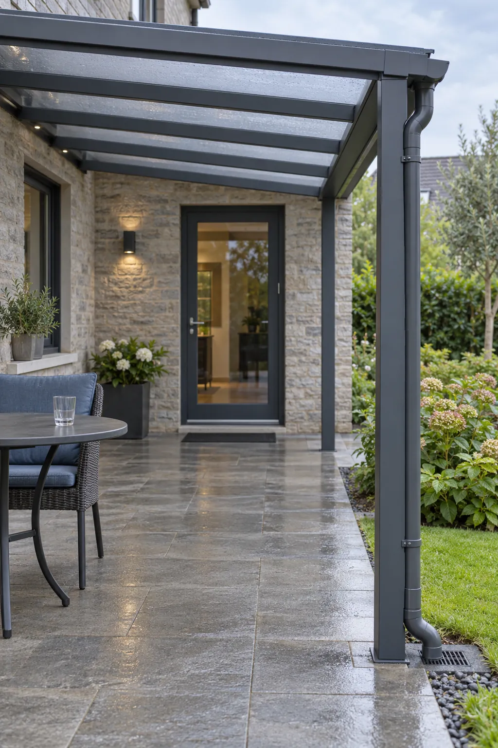 Downpipes kept outside the walking line under a pergola beside the house