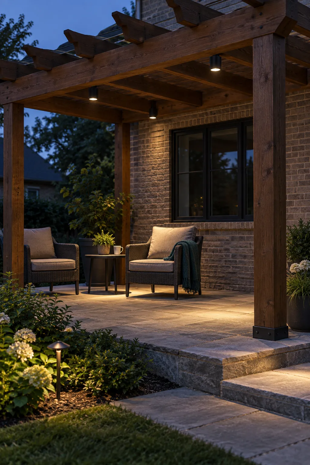 Lighting aimed toward seats and steps under a pergola beside the house