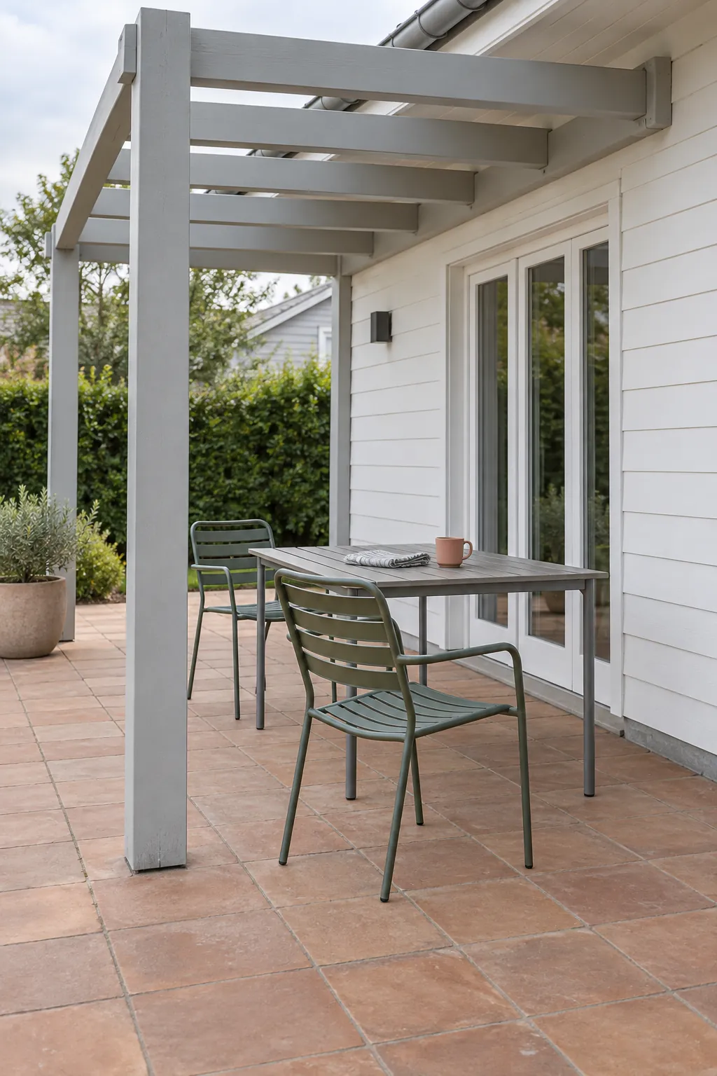 Finishes that make upkeep manageable under a pergola beside the house