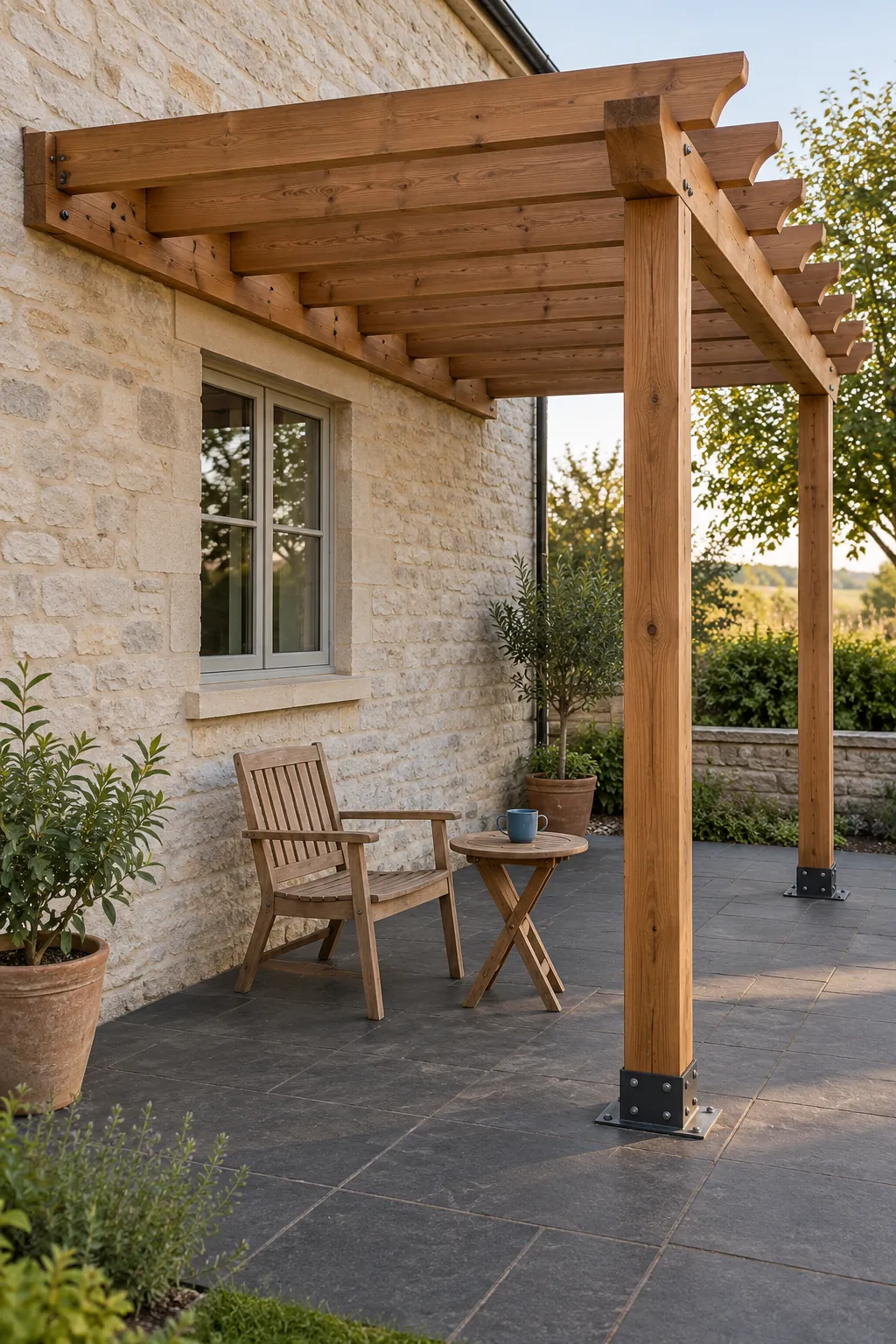 A connection designed for the real wall under a pergola beside the house