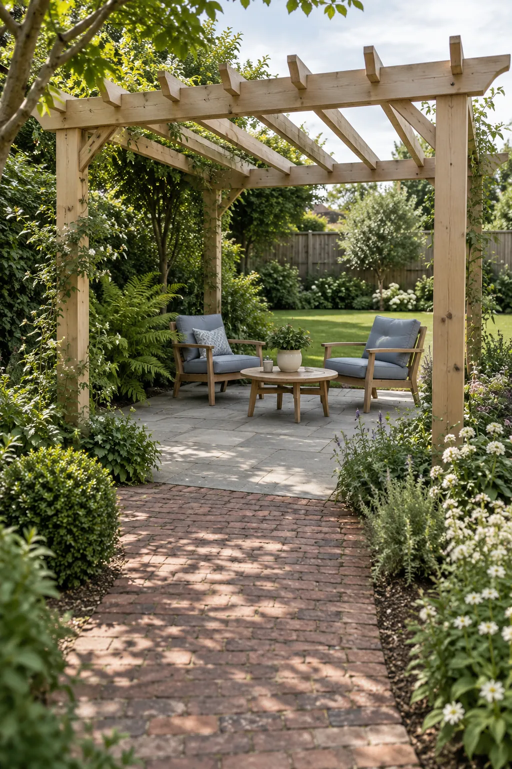 Garden pergola with a clear path, two chairs, and planting outside the posts