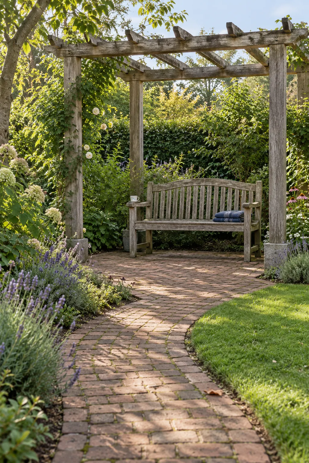 A bench at the end of a garden path in a garden pergola setting