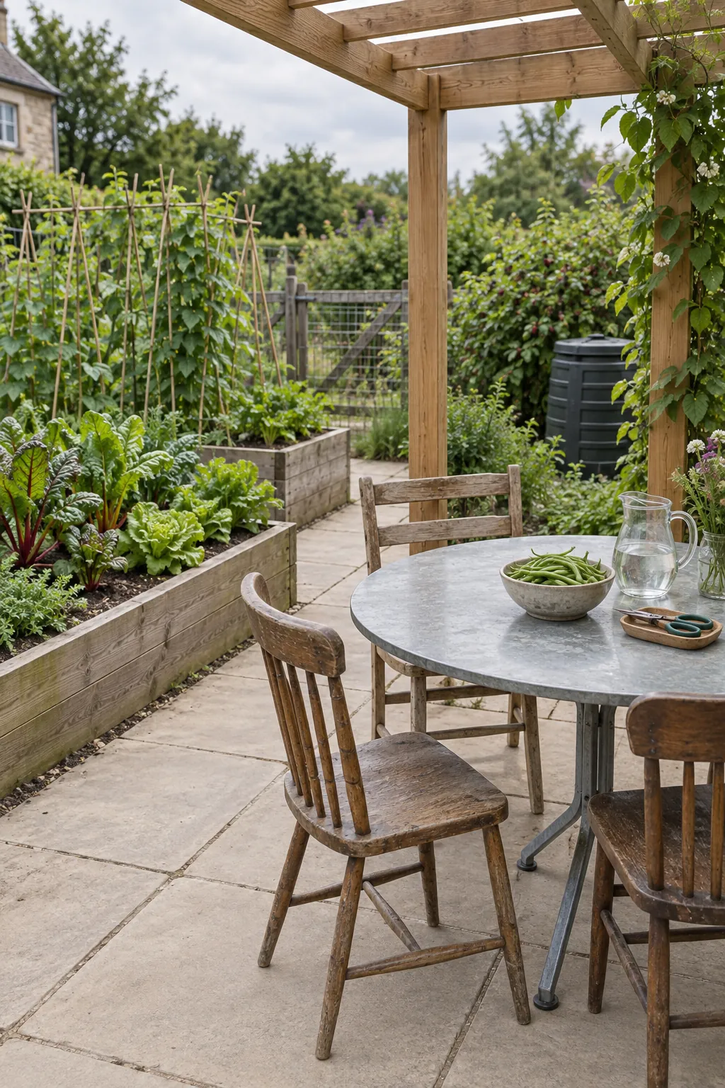 A small dining bay beside the vegetable beds in a garden pergola setting