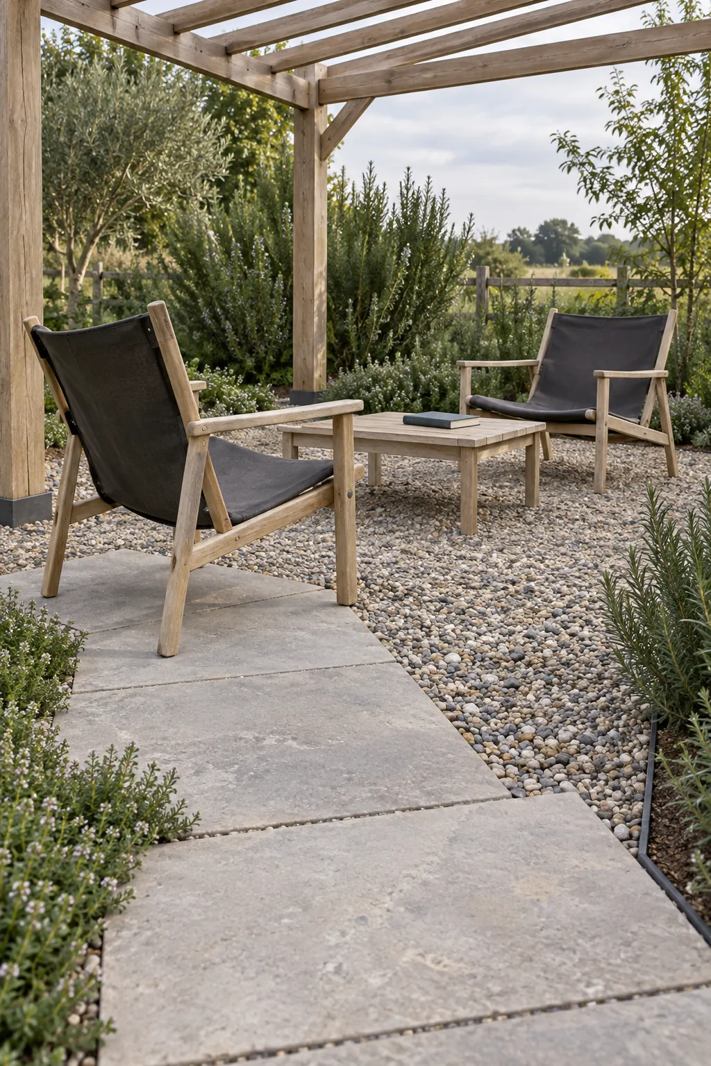 A gravel sitting area with a firm entrance in a garden pergola setting