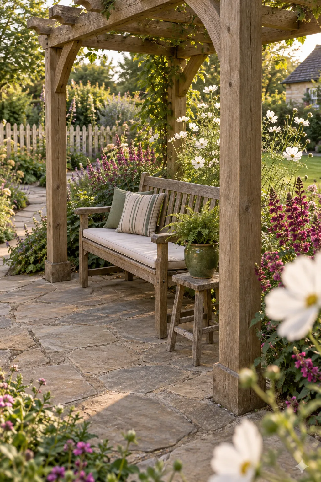A timber frame among cottage planting in a garden pergola setting