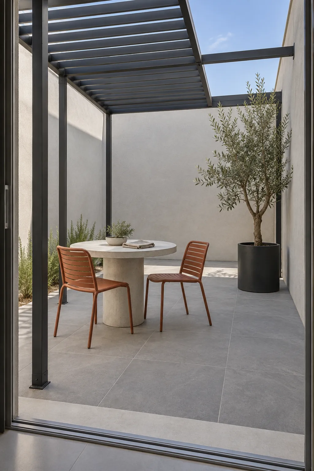 A dark metal frame over a restrained courtyard in a garden pergola setting