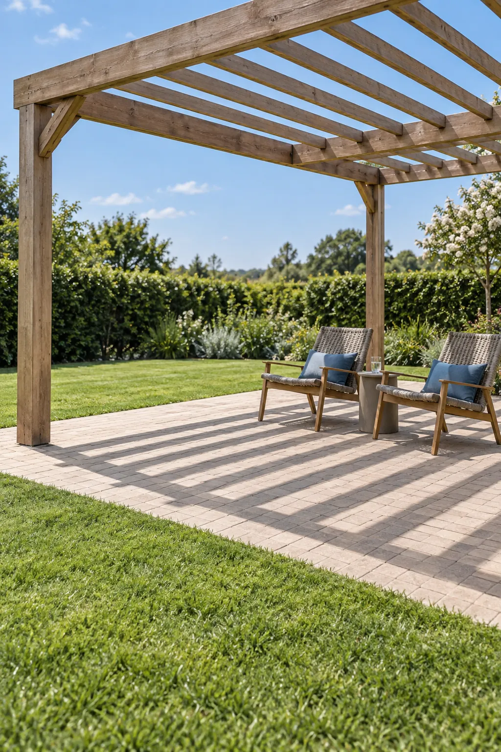 Open rafters beside a sunny lawn in a garden pergola setting
