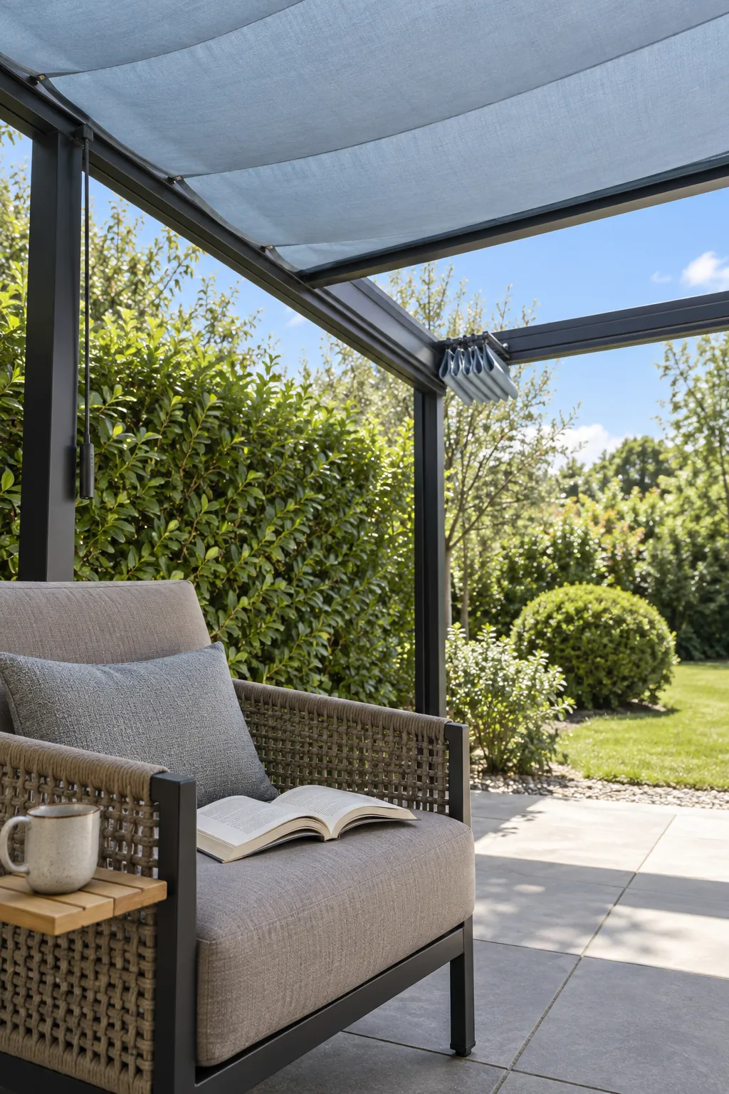 A retractable shade above a reading chair in a garden pergola setting