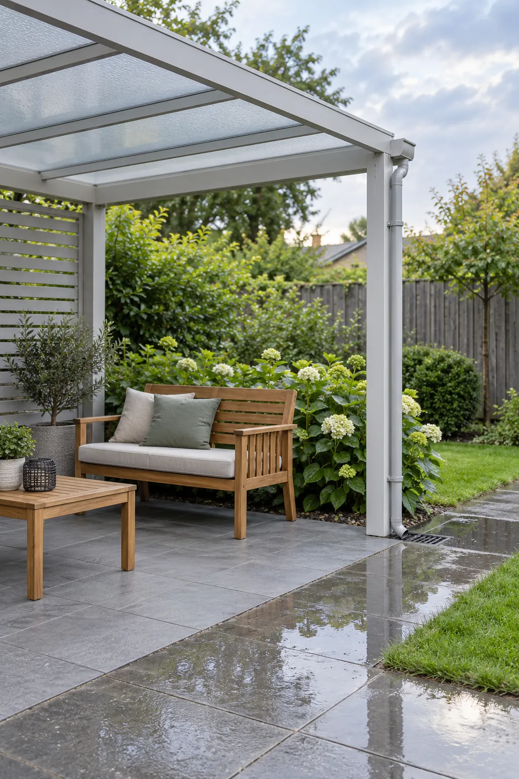 A rain shelter with a planned runoff route in a garden pergola setting