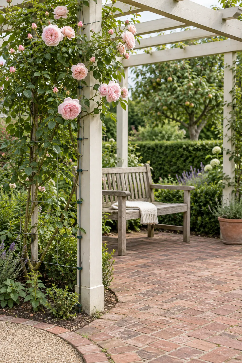 Climbing roses kept away from the seating route in a garden pergola setting