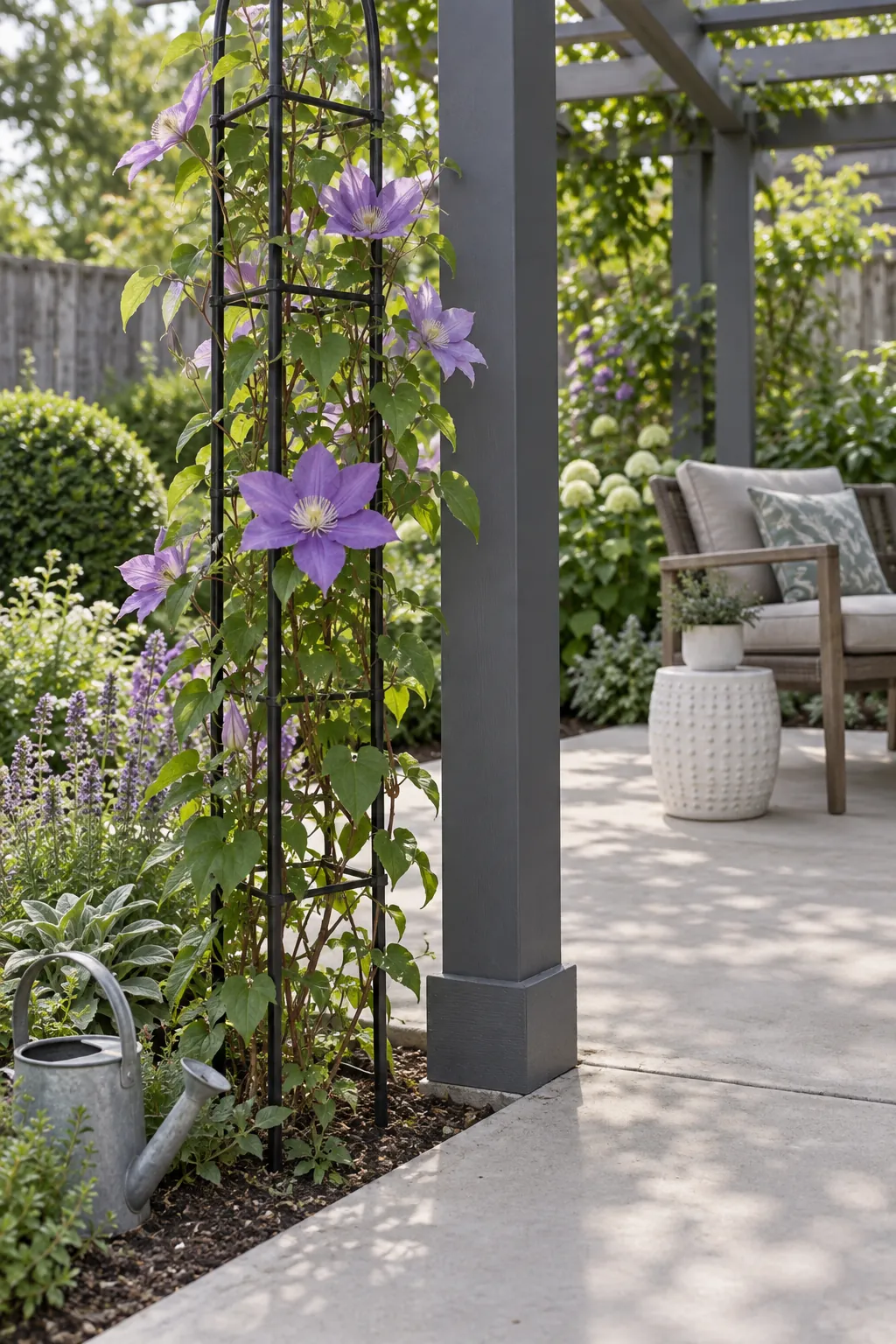 A clematis screen on a separate support in a garden pergola setting