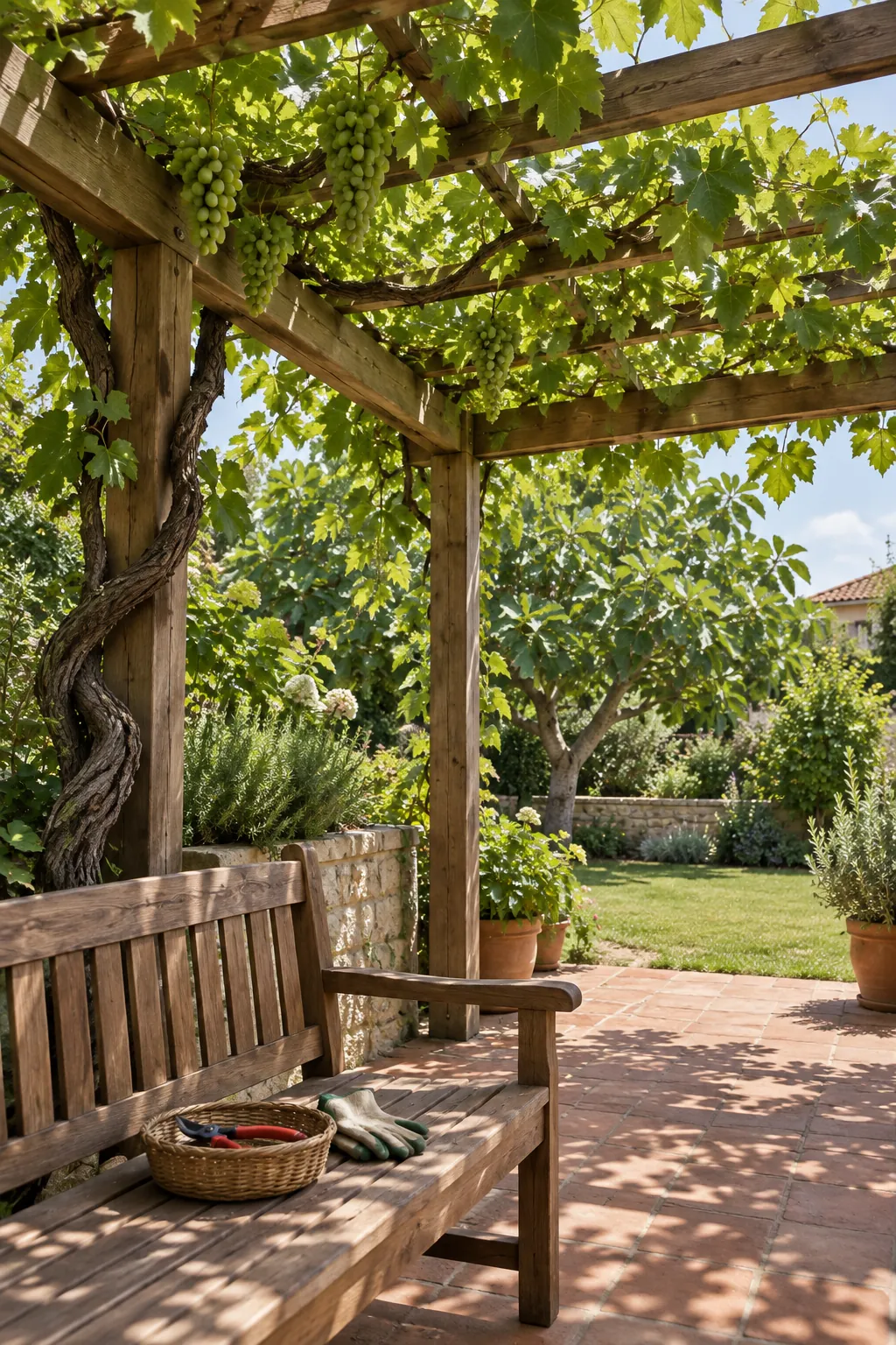 A vine canopy with manageable seasonal growth in a garden pergola setting
