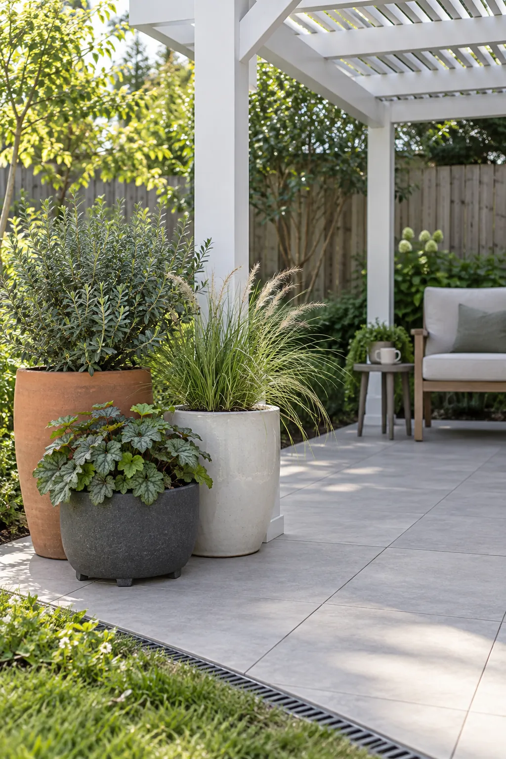Large movable pots at the outer posts in a garden pergola setting