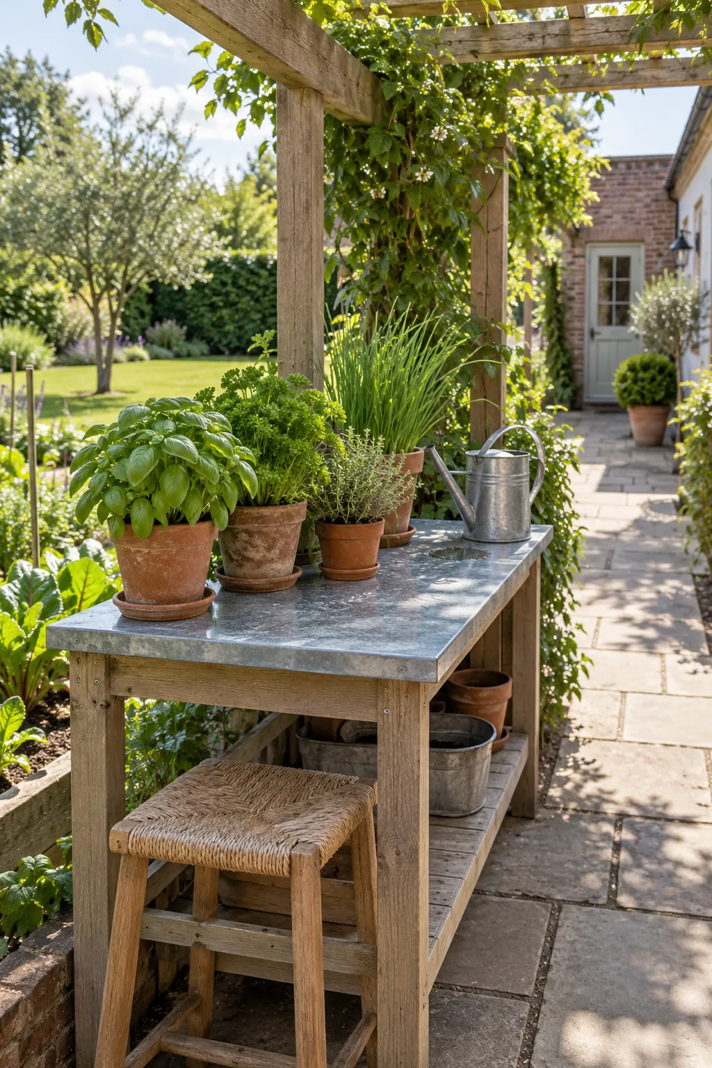 A sheltered herb table near the kitchen route in a garden pergola setting