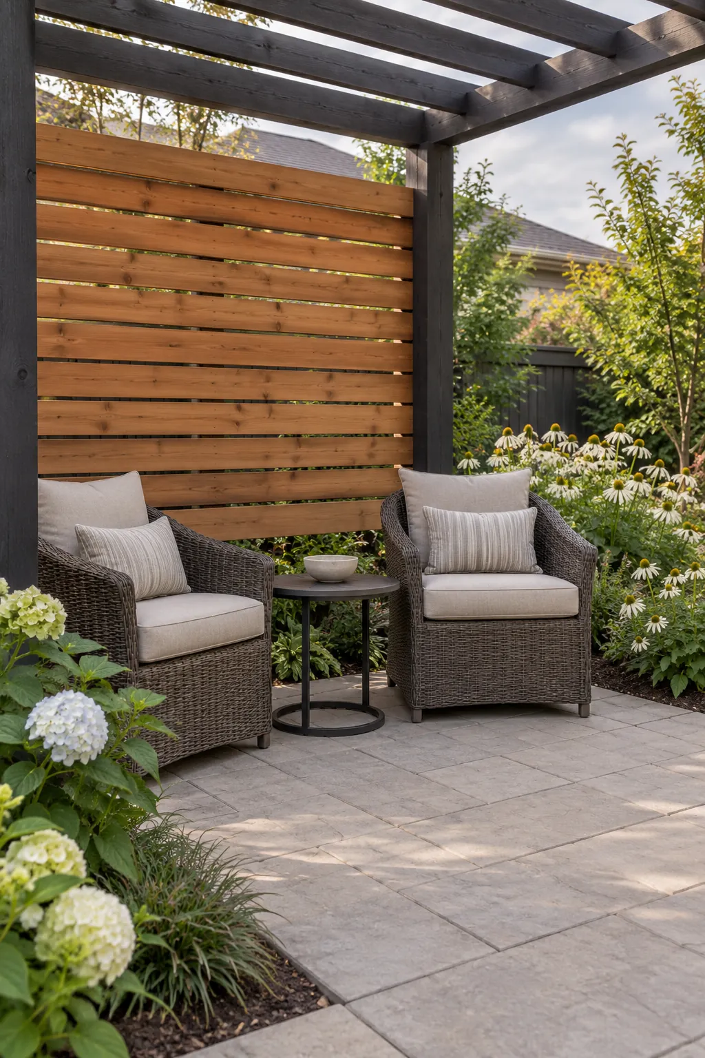 A privacy panel behind a two seat nook in a garden pergola setting