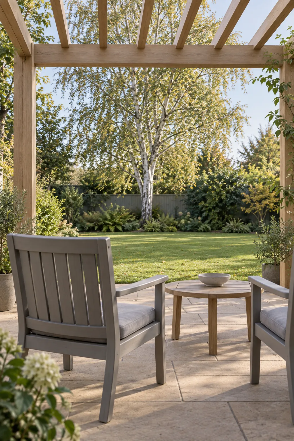 A view framed toward an existing tree in a garden pergola setting