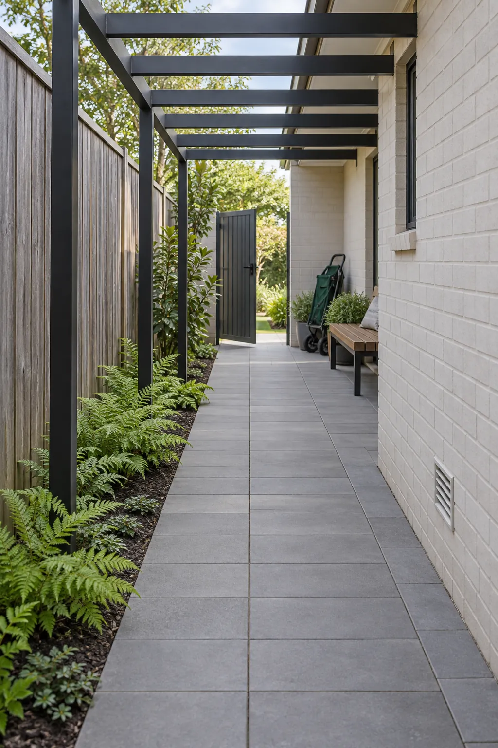 A narrow pergola along a side garden in a garden pergola setting