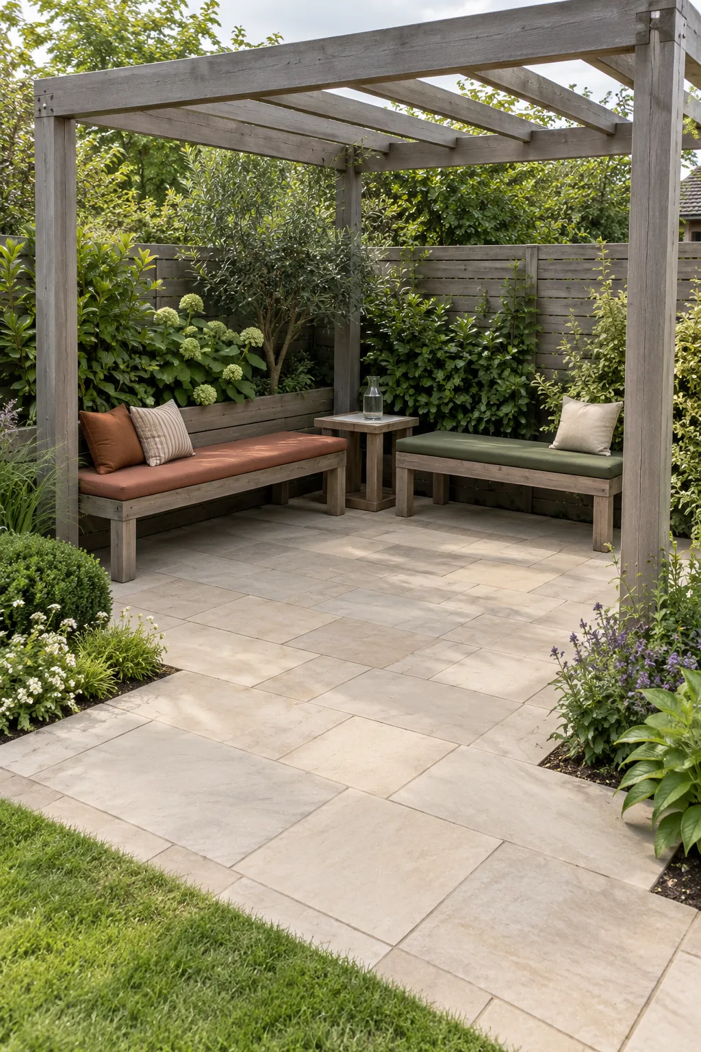 A corner seat that leaves the center open in a garden pergola setting