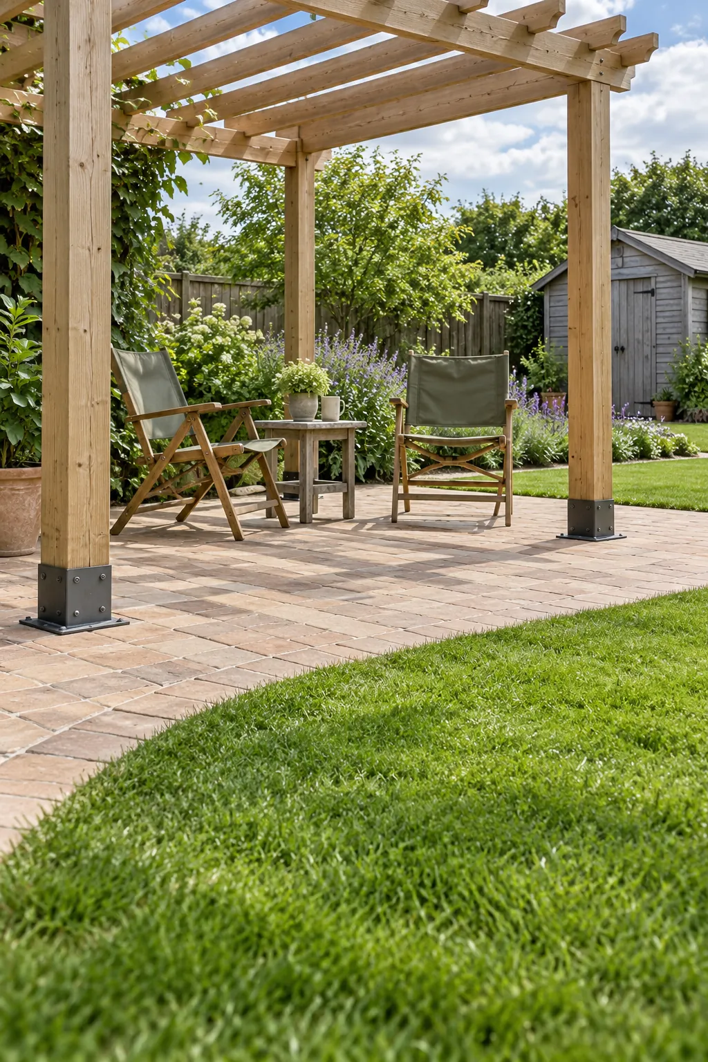 A pergola across the transition from paving to lawn in a garden pergola setting