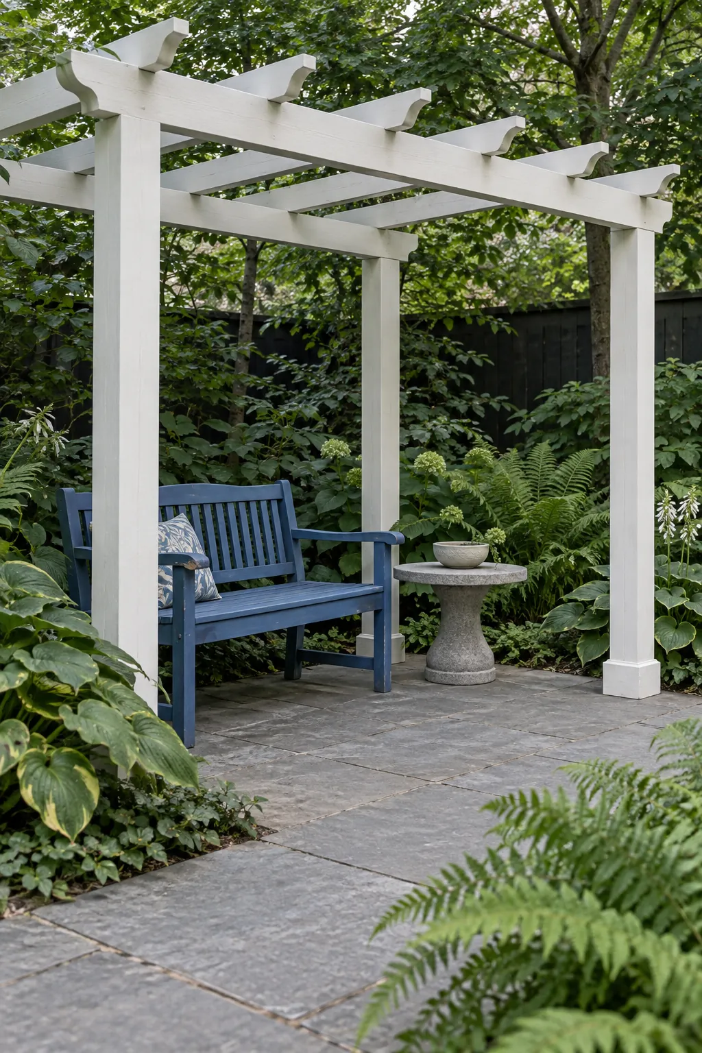 A pale finish in a shaded garden in a garden pergola setting