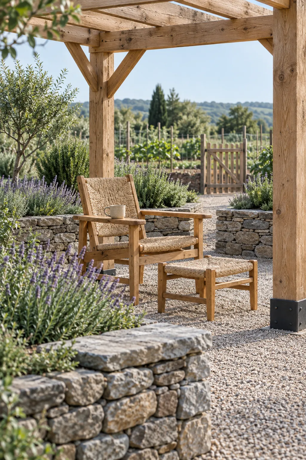 A natural timber finish beside stone beds in a garden pergola setting