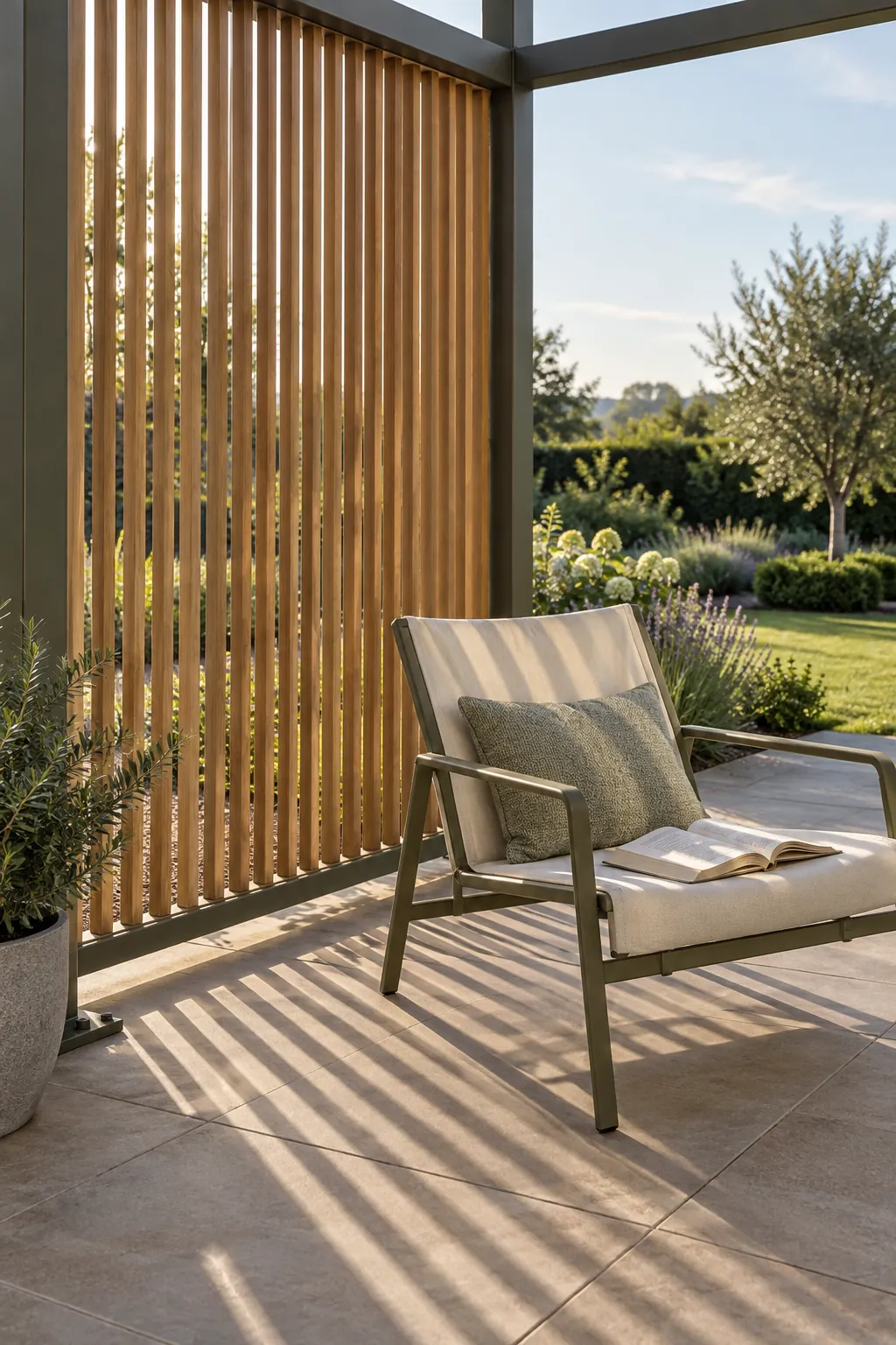 A slatted side that filters afternoon glare in a garden pergola setting