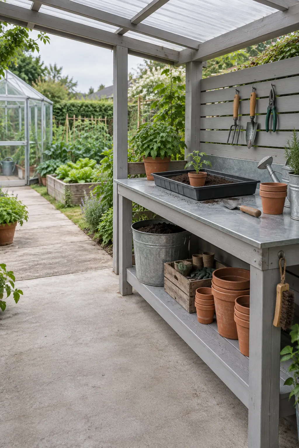 A covered potting corner with open storage in a garden pergola setting