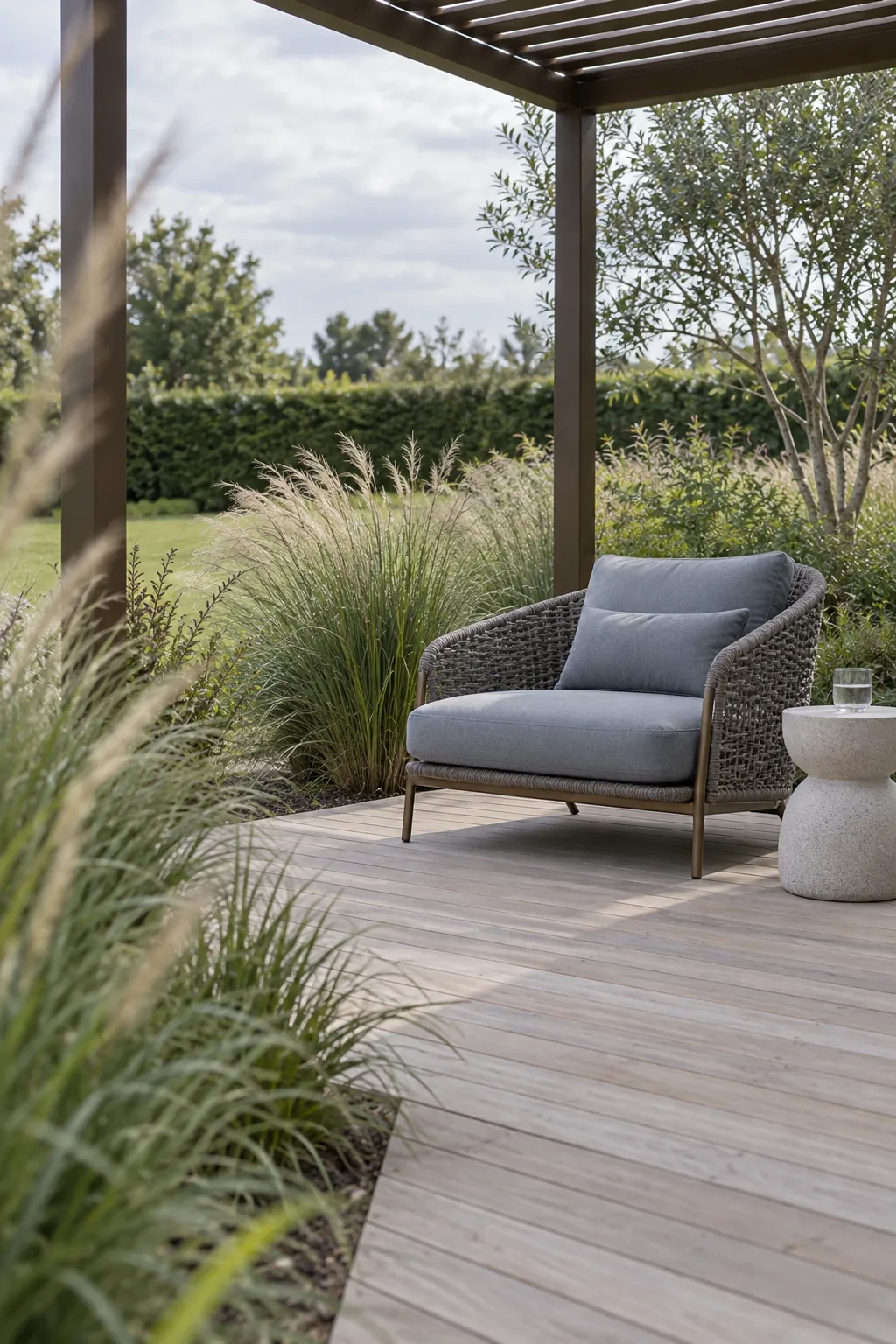A lounge beside ornamental grasses in a garden pergola setting