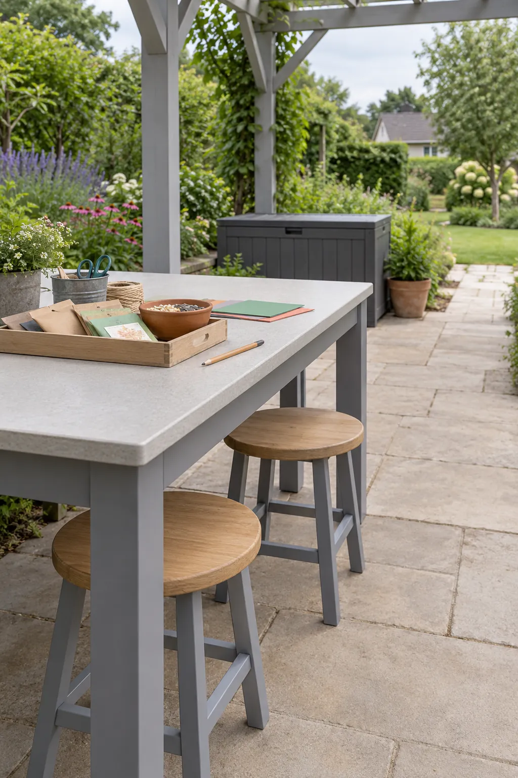 A modest outdoor table for shared projects in a garden pergola setting
