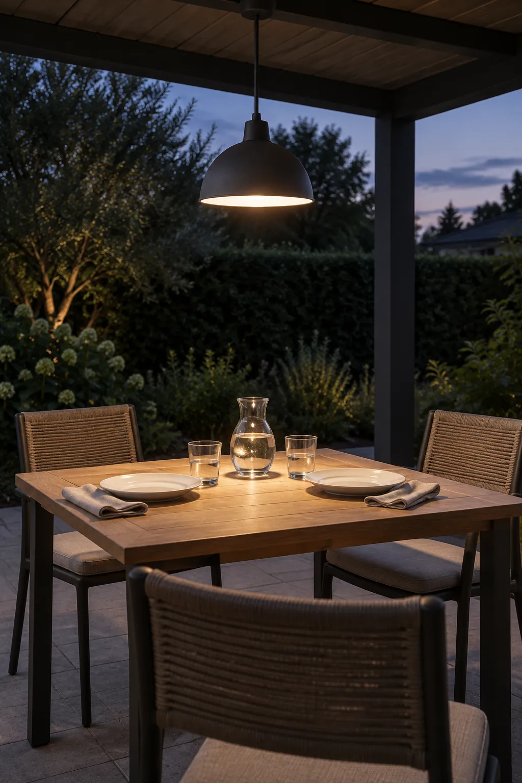Soft task lighting above a dining table in a garden pergola setting