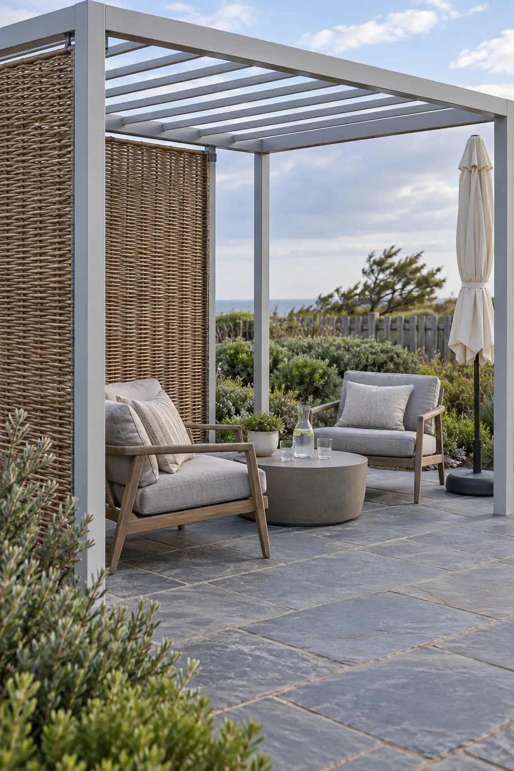A chair arrangement that respects the breeze in a garden pergola setting