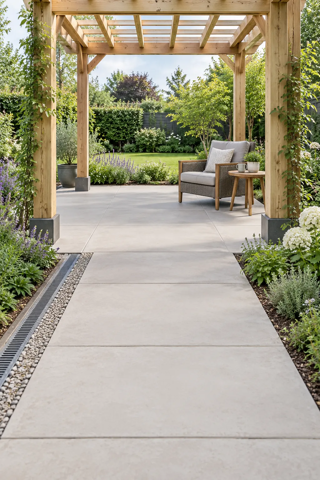 A floor plan with room for future mobility in a garden pergola setting